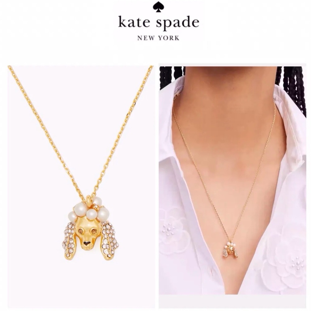 NWT Kate Spade♠️POODLES & POMS 12K Gold Plated Brass CZ Crystals/Pearl Necklace